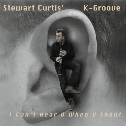 Album cover with a man playing clarinet inside a giant ear, in black and white.