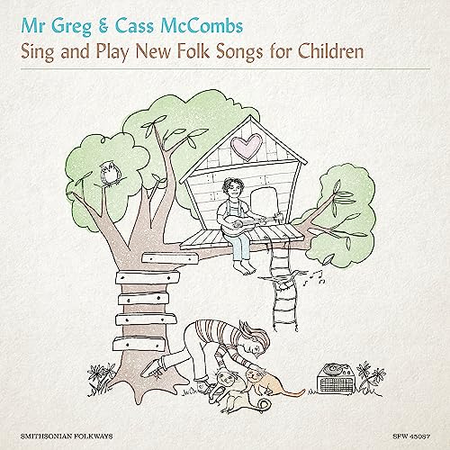 CD cover with sketched treehouse, child playing guitar, and animals.