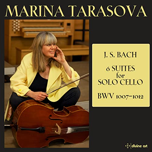 Cellist Marina Tarasova with her instrument, album cover for Bach’s cello suites.