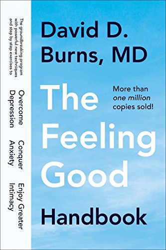 "The Feeling Good Handbook" book cover with blue sky background and white and black text.