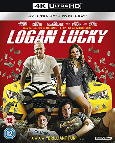 Logan Lucky" 4K UHD Blu-ray cover with Channing Tatum, Adam Driver, and Hilary Swank.