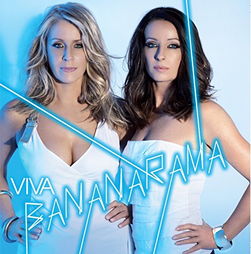 Bananarama album cover: two women in white dresses, blue background, neon text overlay.