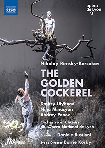 DVD cover for Korsakovās āThe Golden Cockerelā opera, featuring a figure on branches.