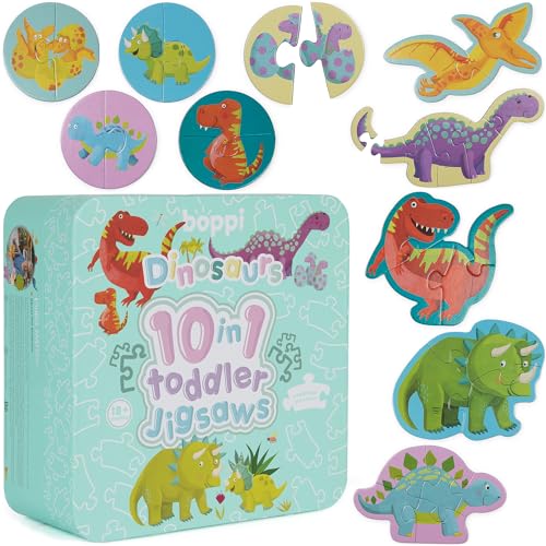 10 in 1 Progressive Jigsaw Puzzles for Toddlers 18 Months and Up - Dinosaur Toddler Puzzles/Child Development Toys/Montessori Toy - Dinosaur Puzzle by boppi Made with 100% Recycled Card