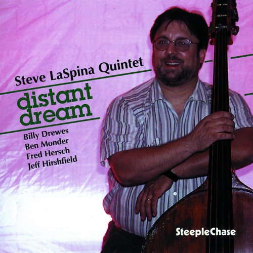 CD cover featuring Steve LaSpina with a double bass, pink background.