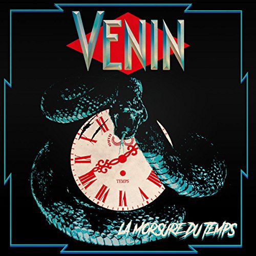 "Album cover with a snake coiled around a clock on a black background."