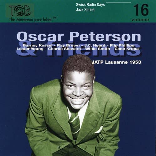 CD cover featuring Oscar Peterson in a green suit, smiling.