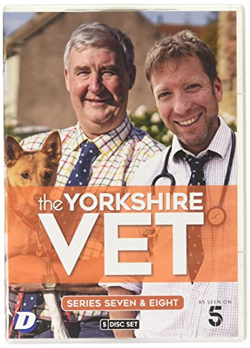 Two smiling men, one holding a dog, on the Yorkshire Vet DVD cover.