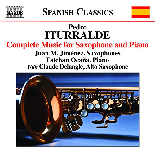 CD cover featuring Pedro Iturralde music text and a close-up of a brass saxophone.