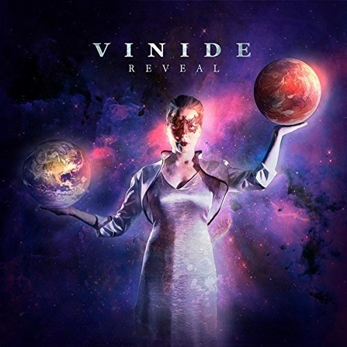 A woman in a white dress holding two planets, against a purple galaxy background.