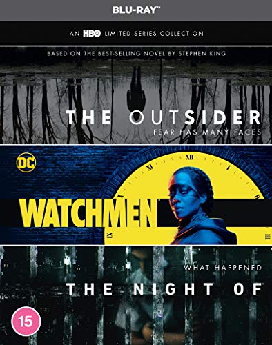 "Bluray cover featuring three HBO series: The Outsider, Watchmen, and The Night Of."