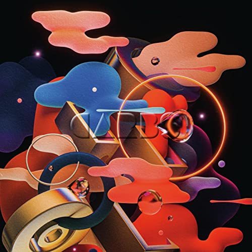 Abstract album cover with geometric shapes, orbs, and warm, cool colors.