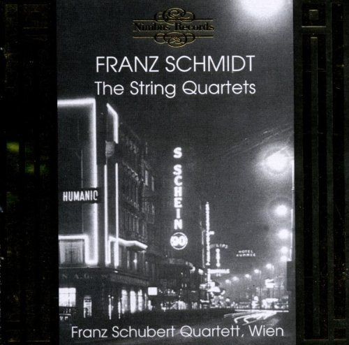 "CD cover with black-and-white cityscape at night, featuring 'Franz Schmidt: The String Quartets'."