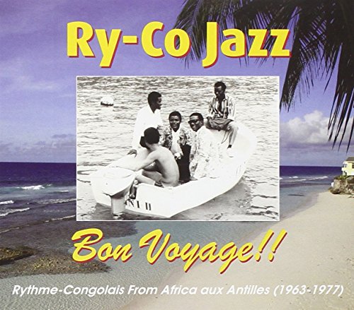 CD cover with men in a boat, on a beach background.