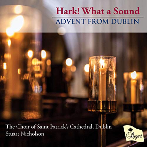"CD cover with candles and text: 'Hark! What a Sound: Advent from Dublin'."