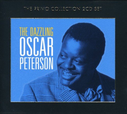 Oscar Peterson's album cover with a blue-toned photo and gold text on a dark background.