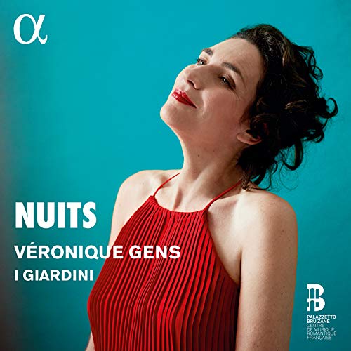 Woman in red top against teal background with text "NUITS" and "VÉRONIQUE GENS I GIARDINI".