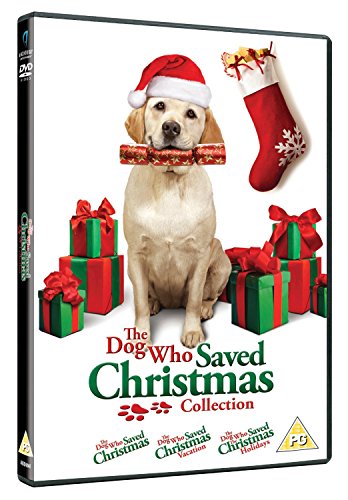 DVD case featuring a dog in a Santa hat with Christmas gifts and stocking.