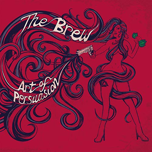 Red album cover with illustration of woman and flowing hair, holding money and guitar.