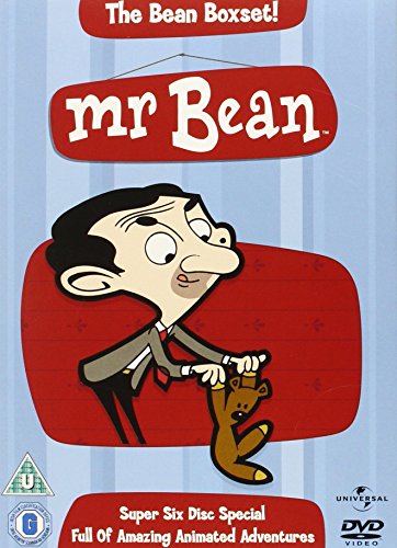 "Mr. Bean DVD cover featuring cartoon Mr. Bean and teddy bear on red background."