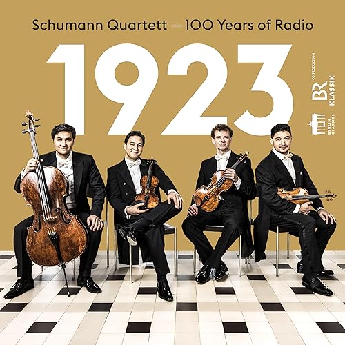 Schumann Quartett, four musicians with string instruments, and the year 1923.