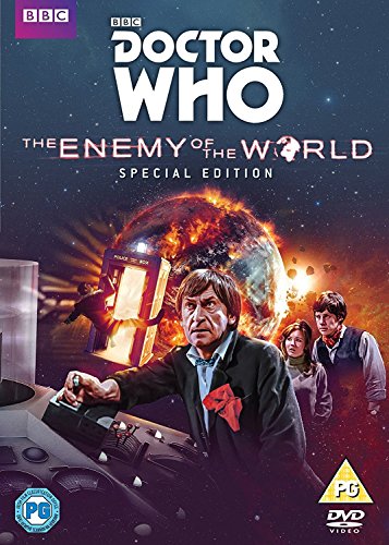 DVD cover for "Doctor Who: The Enemy of the World" with characters and planet.