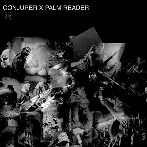 Black and white collage of musicians performing on stage, with text "Conjurer X Palm Reader" above.