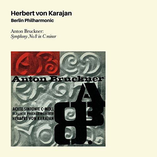 "CD cover with beige background, featuring abstract design and text about Bruckner's Symphony No. 8."