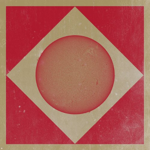 Red square album cover with beige diamond and circle, worn texture, beige border.