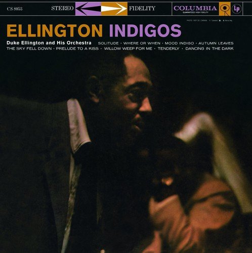 "Album cover with Duke Ellington and a woman, dark background, 'Ellington Indigos' title."