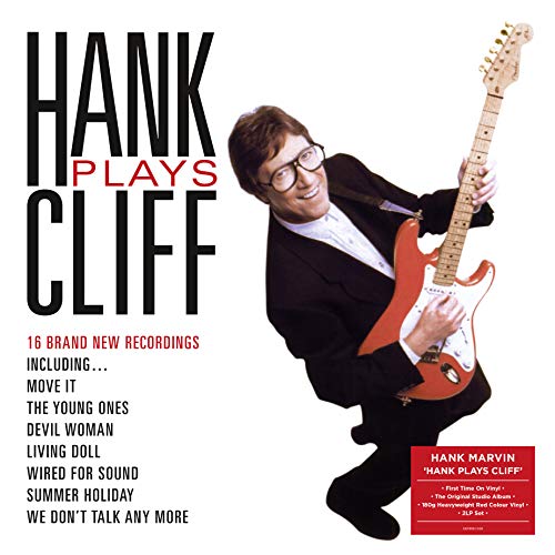 Hank Marvin playing a red electric guitar on album cover.