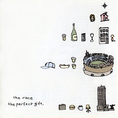 The image is a simple, hand-drawn illustration of various objects, including a stadium, arranged in three rows with text "the race the perfect gift" at the bottom left. Alt text: Simple illustration of objects and stadium with text "the race the perfect gift".
