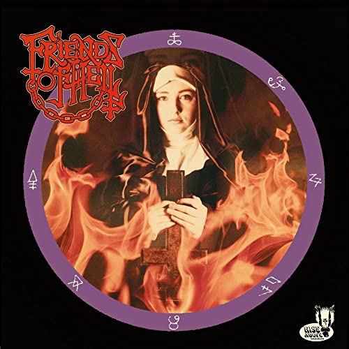 CD cover: Nun with fiery background and occult symbols in purple circle.