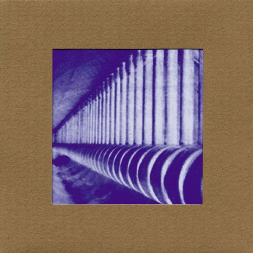 A square blue-toned image of a repeating row of pillars on a brown background.