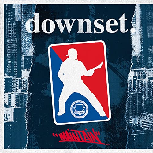Downset album cover: stylized logo with guitarist silhouette on a split blue/red background.