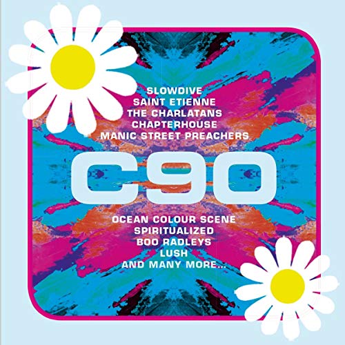 "CD cover with 'C90' text, colorful abstract background, and white daisies on light blue."