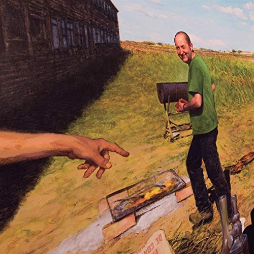 Painting of a man with a film camera in a rural landscape.