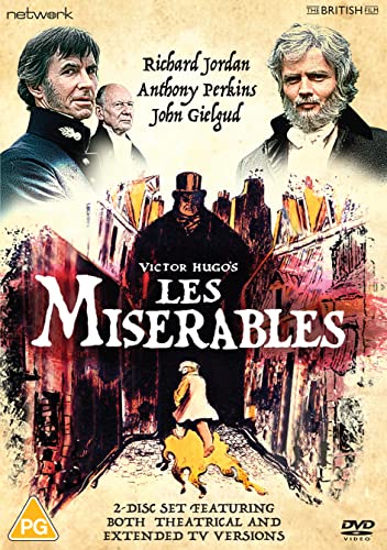 DVD cover for Les Miserables featuring three male actors and a silhouetted figure.