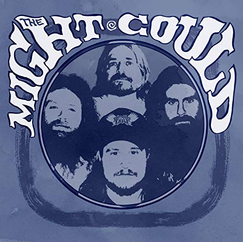 "Blue-tinted album cover featuring four men's faces within a circular frame, with bold white text."