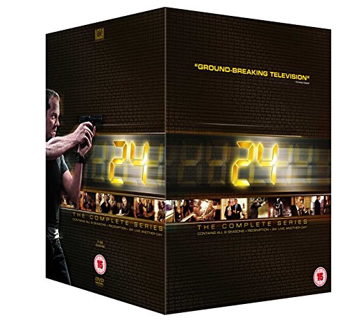 DVD box set for "24" TV series, black brick design, Kiefer Sutherland holding gun.