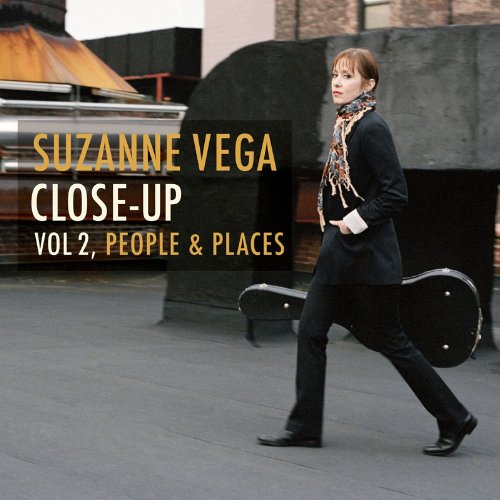 "Suzanne Vega album cover featuring a woman walking with a guitar case."
