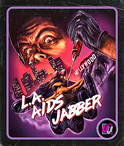 Horror movie poster: man with syringe, city skyline, and distressed woman.
