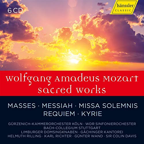 CD cover for Mozart’s “Sacred Works” with a sunset sky background.