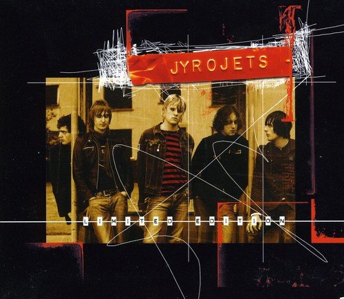 "CD cover with five men standing under a red 'Jyrojets' sign, abstract white lines overlay."