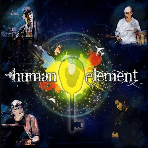 "Album cover with key graphic, text 'human element', and musicians around the edges."