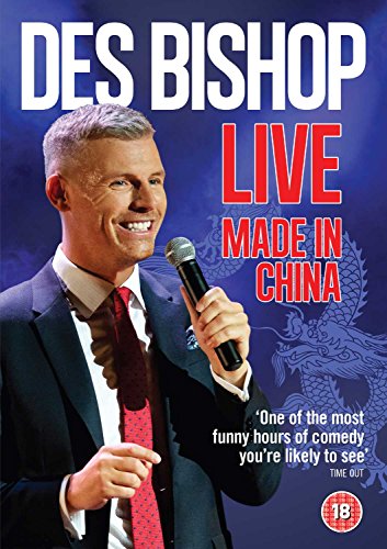 Des Bishop on DVD cover, performing live with a microphone.