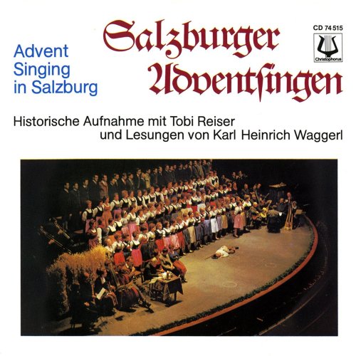 "CD cover with a choir on stage, white background, red and blue text."