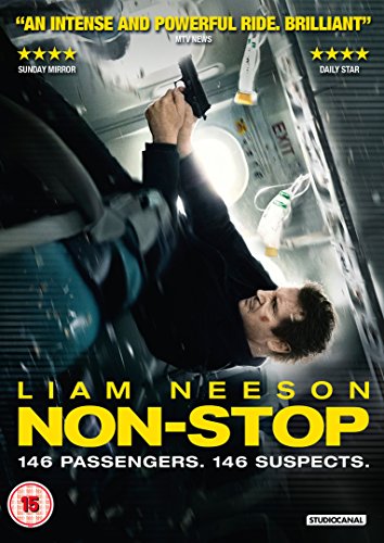 DVD cover of "Non-stop" featuring Liam Neeson holding a gun in an airplane.