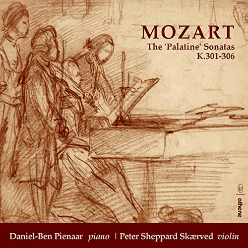 CD cover: sketched figures around a harpsichord, Mozart’s “Palatine Sonatas” title.