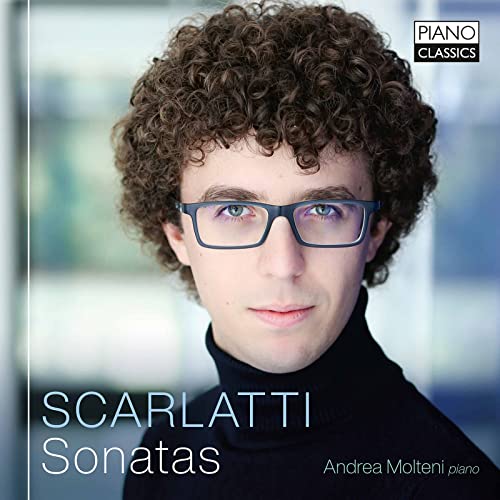 CD cover featuring pianist Andrea Molteni with curly hair and glasses.